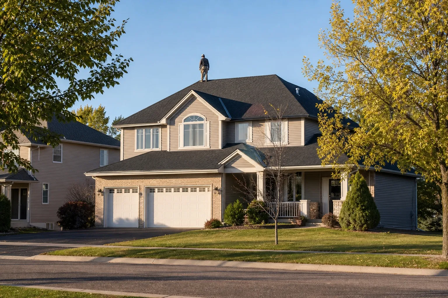 A finished architectural shingle roof on a two-story home, seen from across the street at golden hour