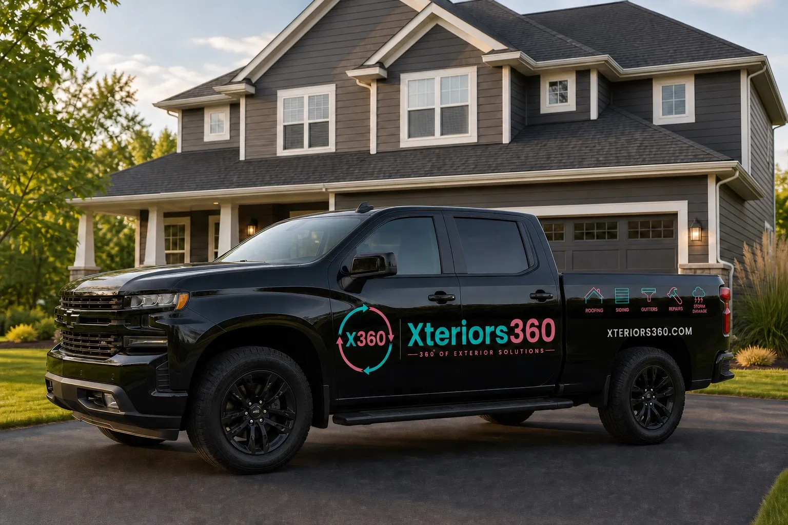 The Xteriors360 truck, wrapped with the logo, parked in front of a finished house with a new roof and siding